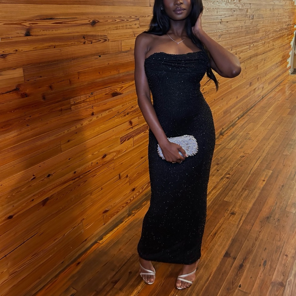 SOLD Oh Polly Palermo Embellished Bandeau Cowl
Neck Maxi Dress in Black